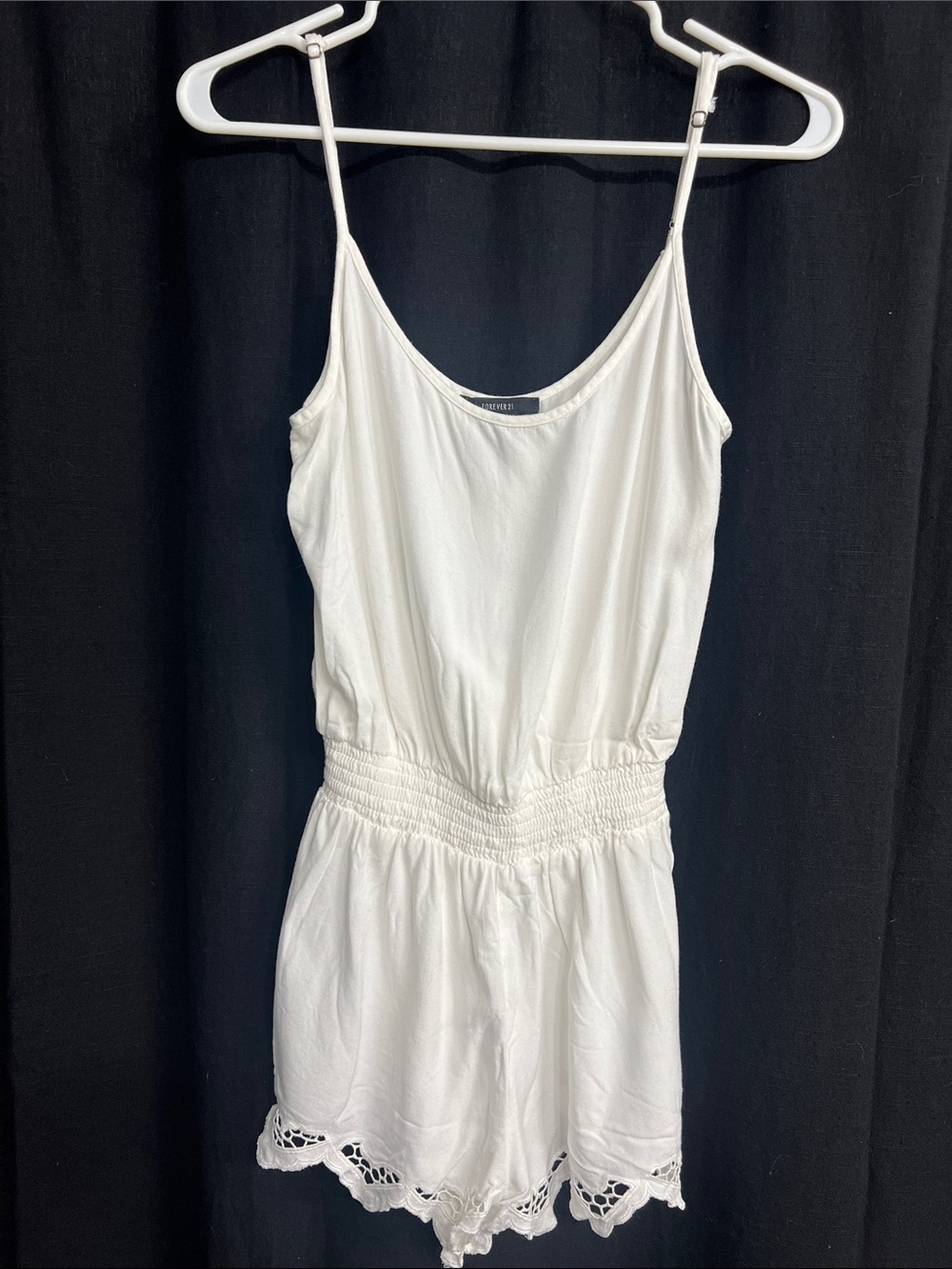 Forever 21 White Spaghetti-Strap Romper with Lace Hem
